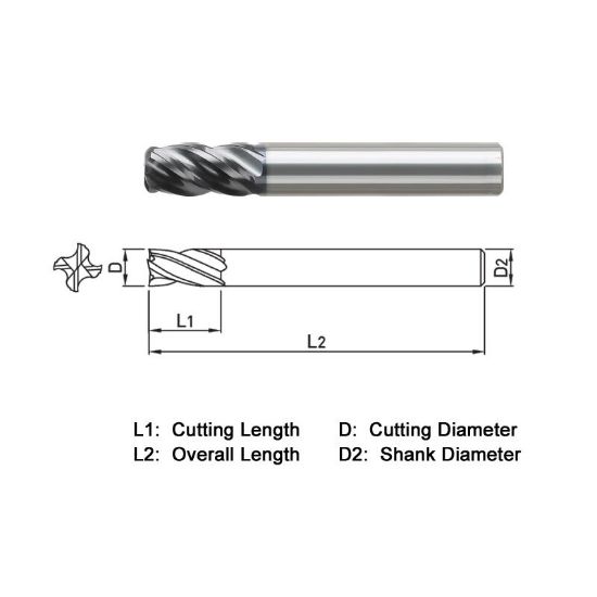 Picture of WIDIN VXR524A064060F DIA 1 SH 0.50 LOC 2.00 OAL5.00 End Mill Standard Flute Variable Helix Carbide TiAlN Single End Corner Radius0.0600 1.52MM VH SERIES