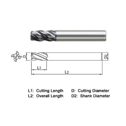 Picture of WIDIN VXR524A064015F DIA 1 SH 0.50 LOC 2.00 OAL5.00 End Mill Standard Flute Variable Helix Carbide TiAlN Single End Corner Radius0.0150 0.38MM VH SERIES