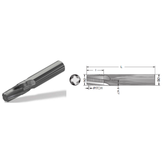 Picture of ADVENT TOOL 381838-1CSNPTF3H Carbide Thread Mill 18.00TPI NPT 0.370 Cutter Diameter Cylindrical 0.3750 Shank 