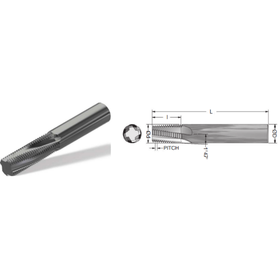 Picture of ADVENT TOOL 141938-1CSBSPF3H Carbide Thread Mill 19.00TPI BSPP 0.370 Cutter Diameter Cylindrical 0.3750 Shank 