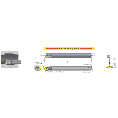 Picture of DORIAN E16M-M-SVQPL-11 Boring Bar 35.0° Carbide Round With One Flat 0.629 Shank 6.500 OAL 